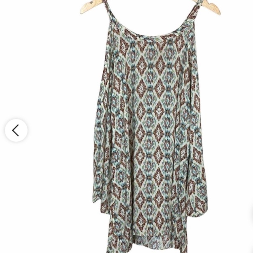Turquoise Brown Tan Vibrant Diamond Geometric MILLAU Cold Shoulder Tunic Sz XS